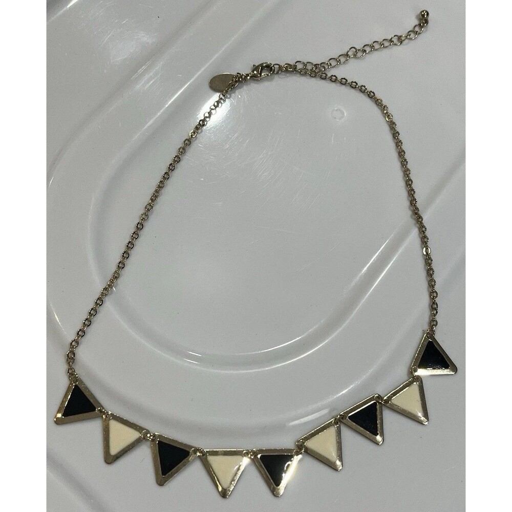 Designer Inspired Geometric Enamel Inlay Black Gold Tone Necklace Art To Wear